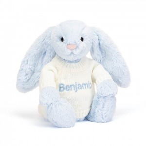 Medium Jelly Cats Bashful Blue Bunny with Personalised Cream Jumper | SVK-073196