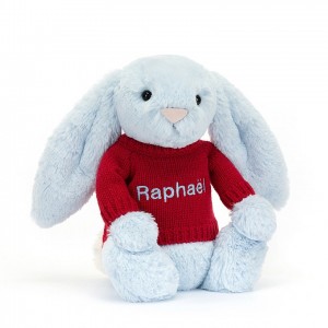 Medium Jelly Cats Bashful Blue Bunny with Personalised Red Jumper | IQD-238604