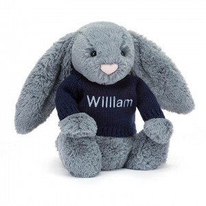 Medium Jelly Cats Bashful Dusky Blue Bunny with Personalised Navy Jumper | DRF-718309