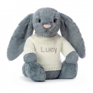 Medium Jelly Cats Bashful Dusky Blue Bunny with Personalised Cream Jumper | KXB-358127