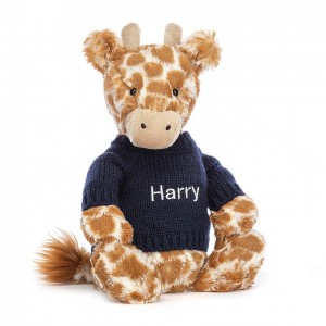 Medium Jelly Cats Bashful Giraffe with Personalised Navy Jumper | KFD-596487