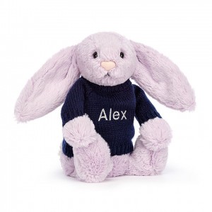 Medium Jelly Cats Bashful Lilac Bunny with Personalised Navy Jumper | UQX-846517