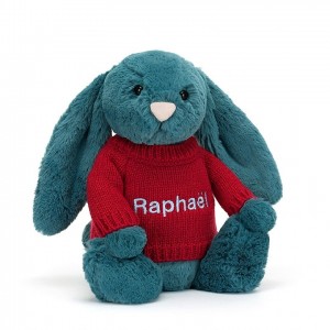 Medium Jelly Cats Bashful Mineral Blue Bunny with Personalised Red Jumper | PSD-412976