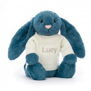 Medium Jelly Cats Bashful Mineral Blue Bunny with Personalised Cream Jumper | KDU-063195