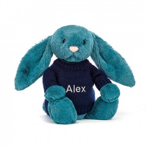 Medium Jelly Cats Bashful Mineral Blue Bunny with Personalised Navy Jumper | KGT-831796