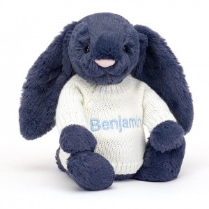 Medium Jelly Cats Bashful Navy Bunny with Personalised Cream Jumper | QHJ-687135