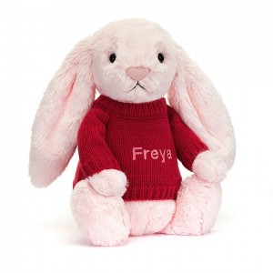 Medium Jelly Cats Bashful Pink Bunny with Personalised Red Jumper | QBU-450238