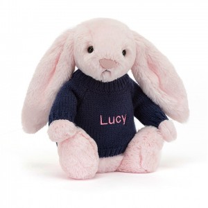 Medium Jelly Cats Bashful Pink Bunny with Personalised Navy Jumper | TIP-085231