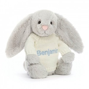 Medium Jelly Cats Bashful Silver Bunny with Personalised Cream Jumper | RLO-407916