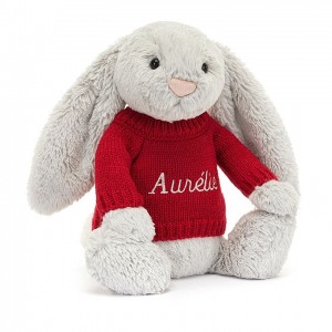 Medium Jelly Cats Bashful Silver Bunny with Personalised Red Jumper | BTW-210983