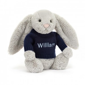 Medium Jelly Cats Bashful Silver Bunny with Personalised Navy Jumper | SDN-092387