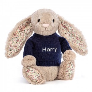 Medium Jelly Cats Blossom Bea Beige Bunny with Personalised Navy Jumper | TKO-602598