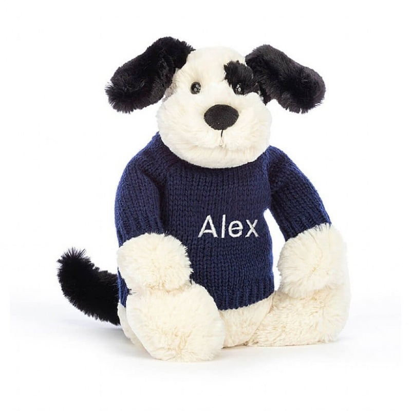 Medium Jelly Cats Bashful Black & Cream Puppy with Personalised Navy Jumper | TMX-987354