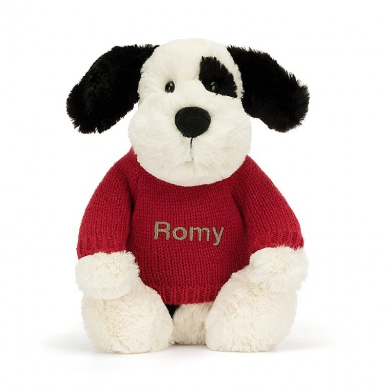 Medium Jelly Cats Bashful Black & Cream Puppy with Personalised Red Jumper | GEJ-815632