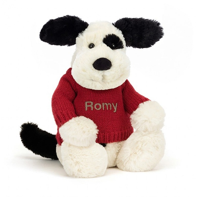 Medium Jelly Cats Bashful Black & Cream Puppy with Personalised Red Jumper | GEJ-815632