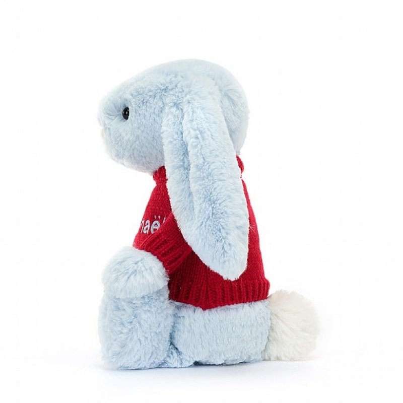 Medium Jelly Cats Bashful Blue Bunny with Personalised Red Jumper | IQD-238604