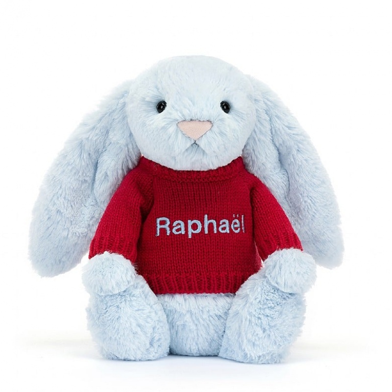 Medium Jelly Cats Bashful Blue Bunny with Personalised Red Jumper | IQD-238604