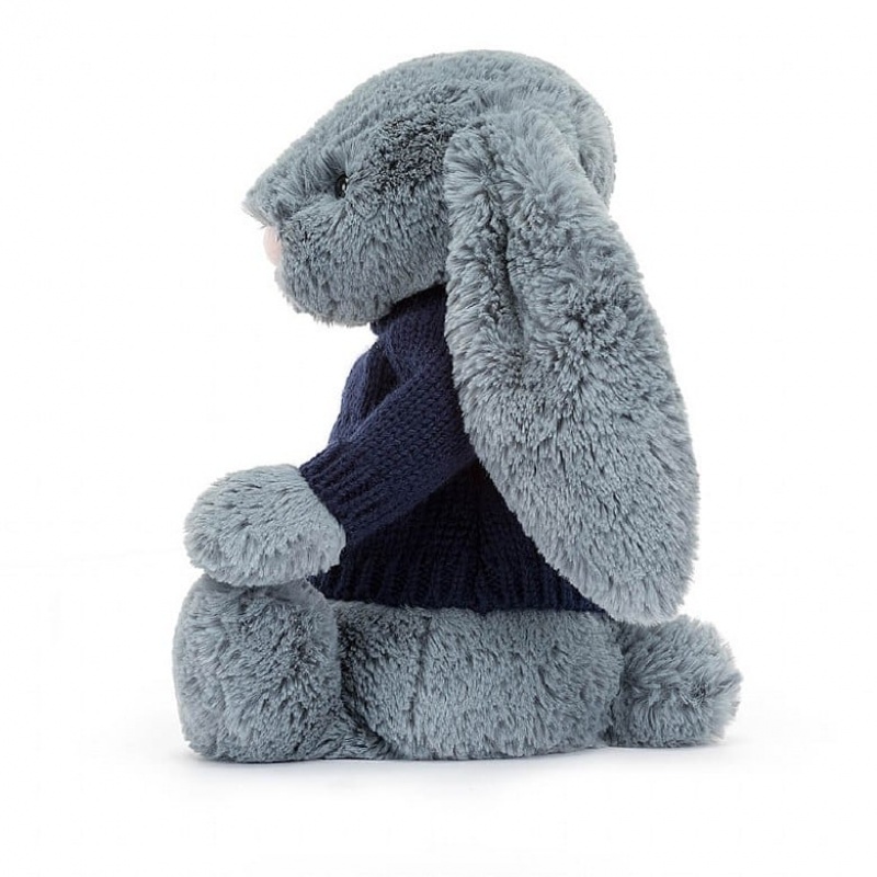 Medium Jelly Cats Bashful Dusky Blue Bunny with Personalised Navy Jumper | DRF-718309