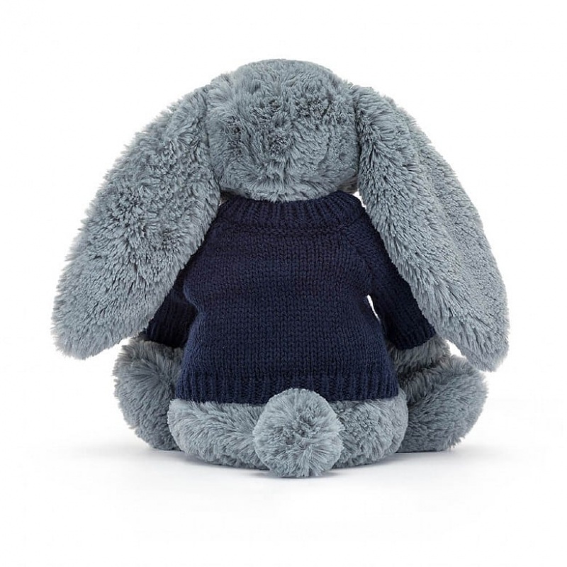 Medium Jelly Cats Bashful Dusky Blue Bunny with Personalised Navy Jumper | DRF-718309