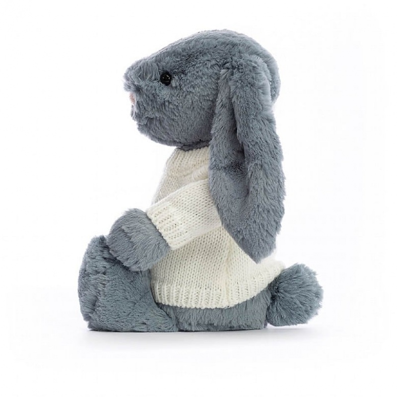 Medium Jelly Cats Bashful Dusky Blue Bunny with Personalised Cream Jumper | SPR-570384