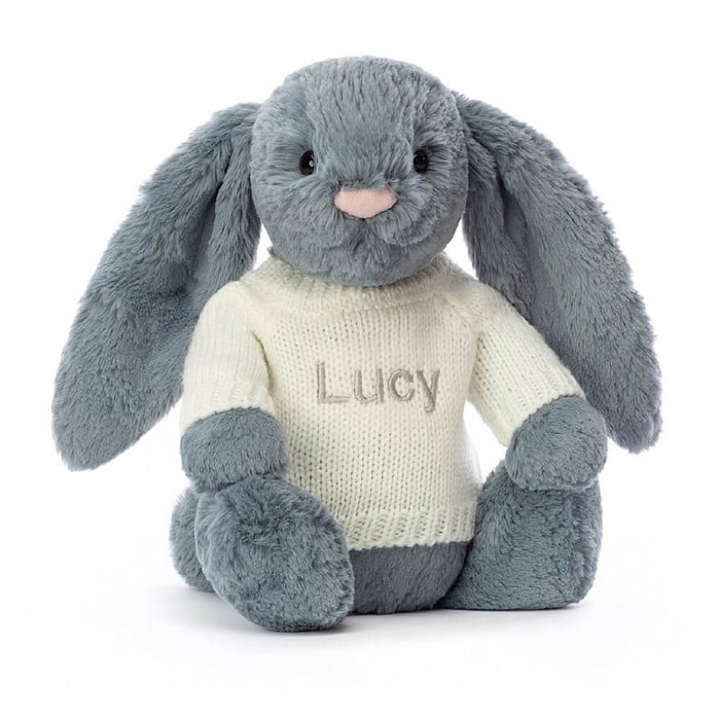 Medium Jelly Cats Bashful Dusky Blue Bunny with Personalised Cream Jumper | SPR-570384