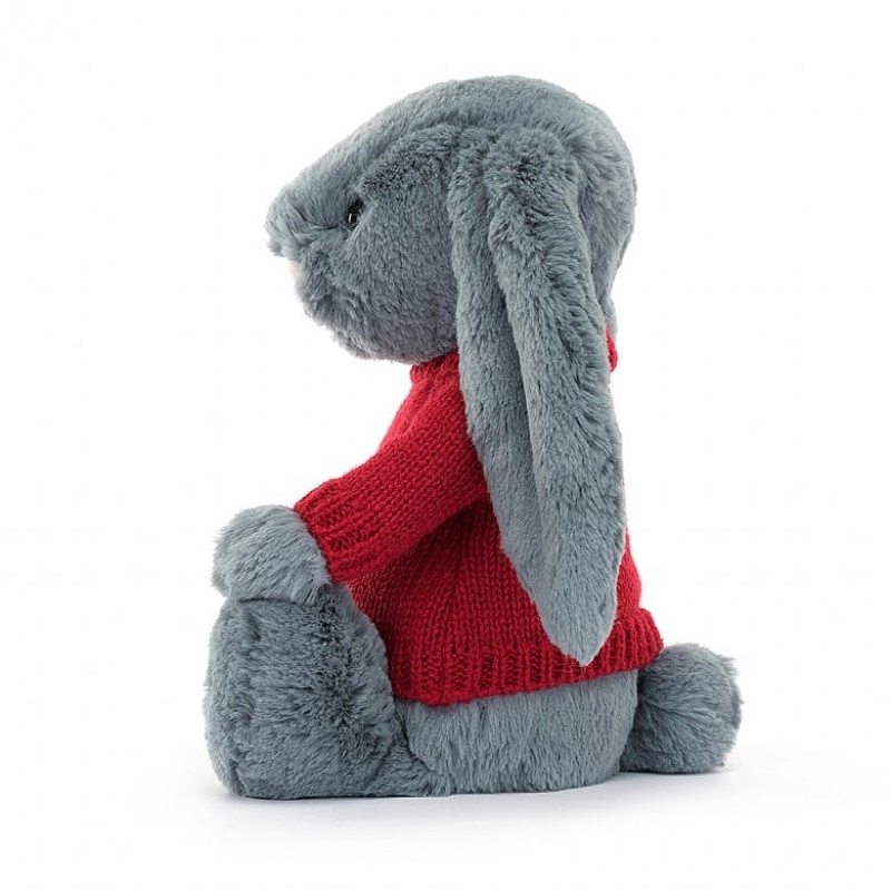 Medium Jelly Cats Bashful Dusky Blue Bunny with Personalised Red Jumper | RNK-325184