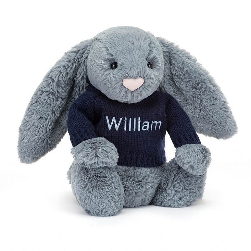 Medium Jelly Cats Bashful Dusky Blue Bunny with Personalised Navy Jumper | PJD-863542