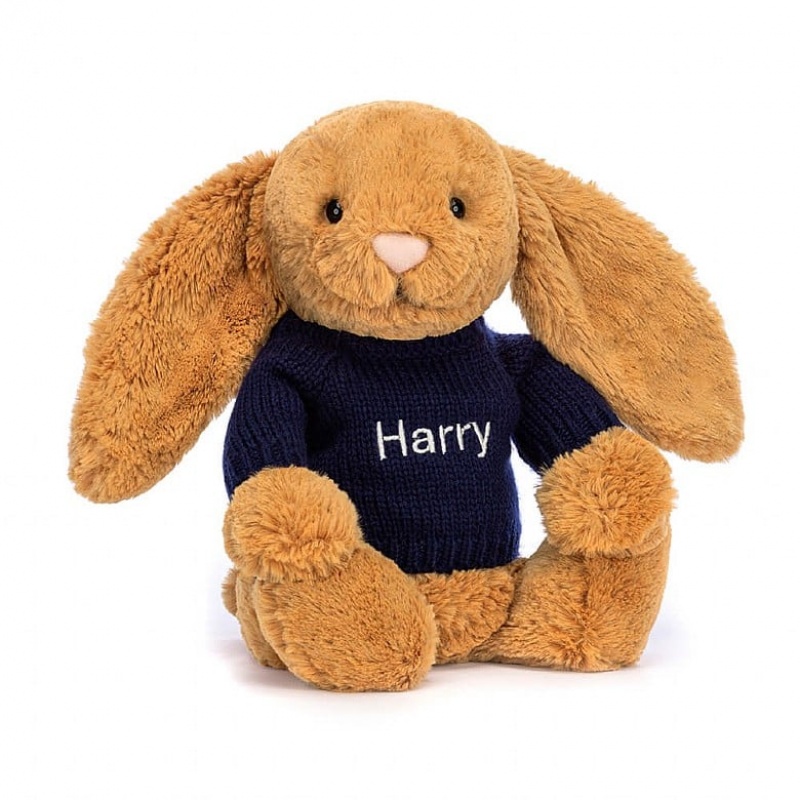 Medium Jelly Cats Bashful Golden Bunny with Personalised Navy Jumper | JYI-275309