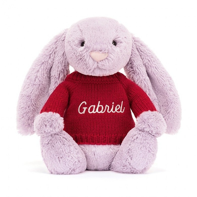 Medium Jelly Cats Bashful Lilac Bunny with Personalised Red Jumper | UWO-194835