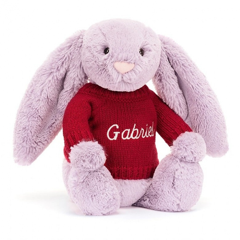 Medium Jelly Cats Bashful Lilac Bunny with Personalised Red Jumper | UWO-194835