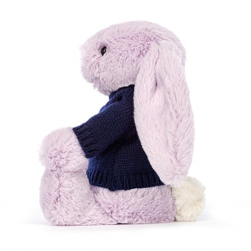 Medium Jelly Cats Bashful Lilac Bunny with Personalised Navy Jumper | JSB-397142