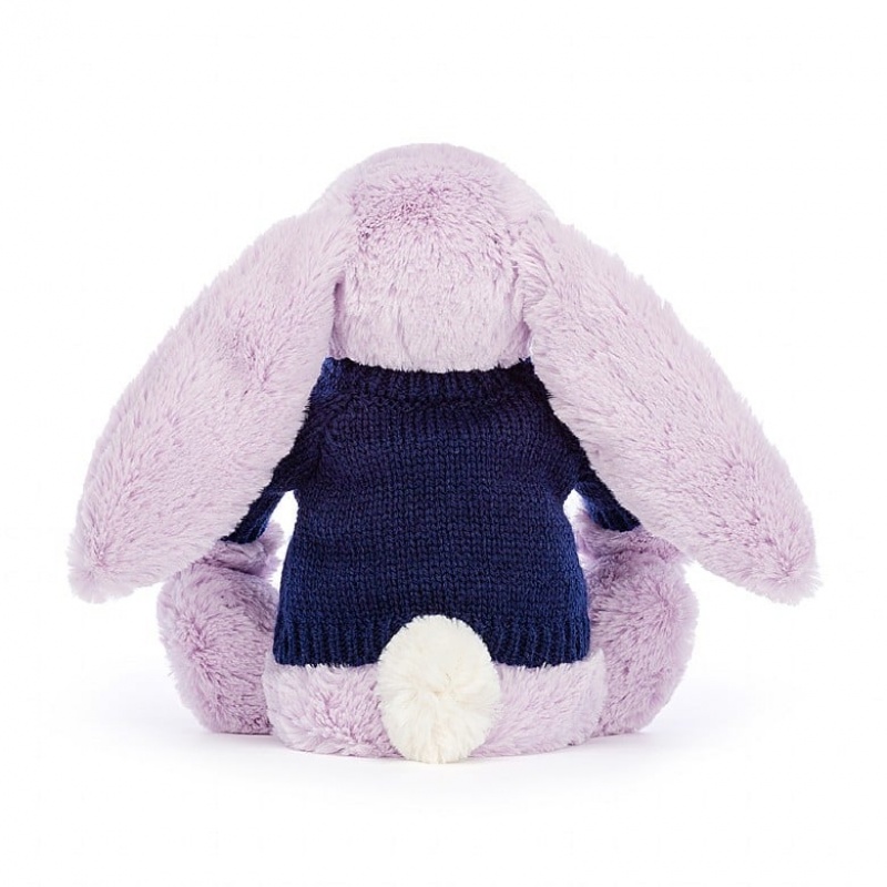 Medium Jelly Cats Bashful Lilac Bunny with Personalised Navy Jumper | JSB-397142