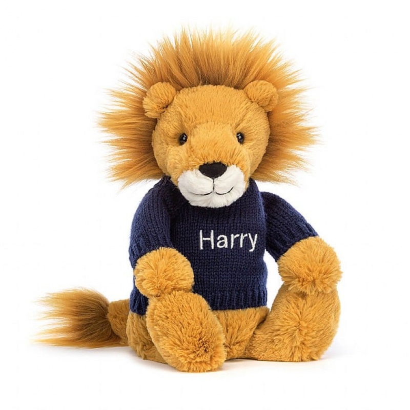 Medium Jelly Cats Bashful Lion with Personalised Navy Jumper | ZSA-254196