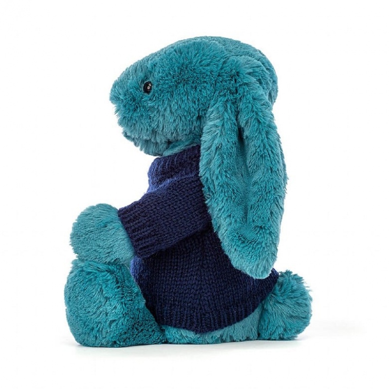 Medium Jelly Cats Bashful Mineral Blue Bunny with Personalised Navy Jumper | OKX-620785