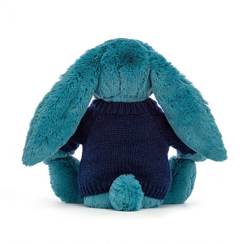 Medium Jelly Cats Bashful Mineral Blue Bunny with Personalised Navy Jumper | OKX-620785