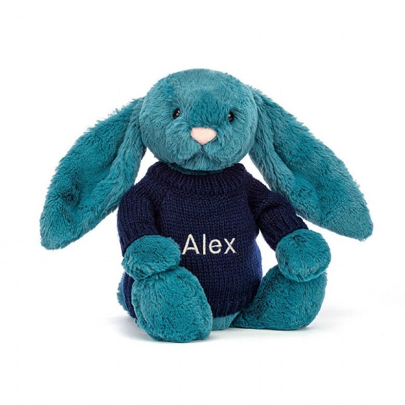 Medium Jelly Cats Bashful Mineral Blue Bunny with Personalised Navy Jumper | OKX-620785