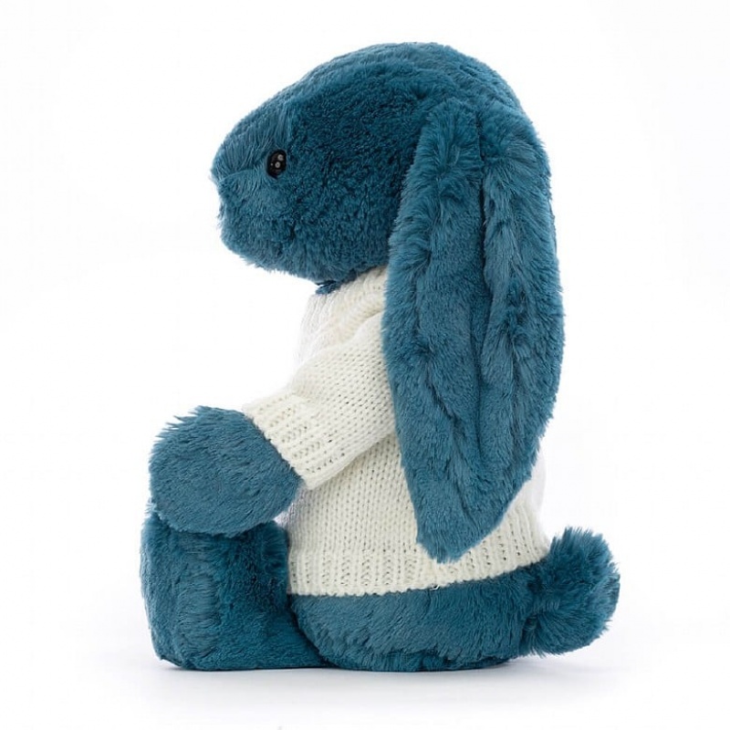 Medium Jelly Cats Bashful Mineral Blue Bunny with Personalised Cream Jumper | KDU-063195