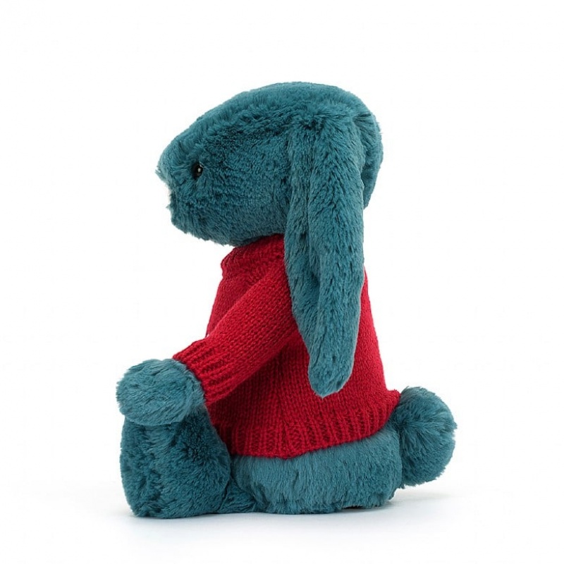 Medium Jelly Cats Bashful Mineral Blue Bunny with Personalised Red Jumper | DUF-430896