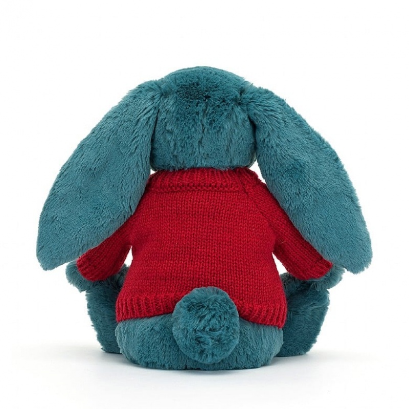 Medium Jelly Cats Bashful Mineral Blue Bunny with Personalised Red Jumper | DUF-430896