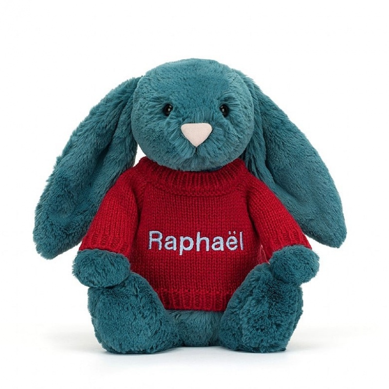 Medium Jelly Cats Bashful Mineral Blue Bunny with Personalised Red Jumper | DUF-430896