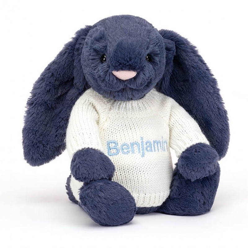 Medium Jelly Cats Bashful Navy Bunny with Personalised Cream Jumper | STQ-043197