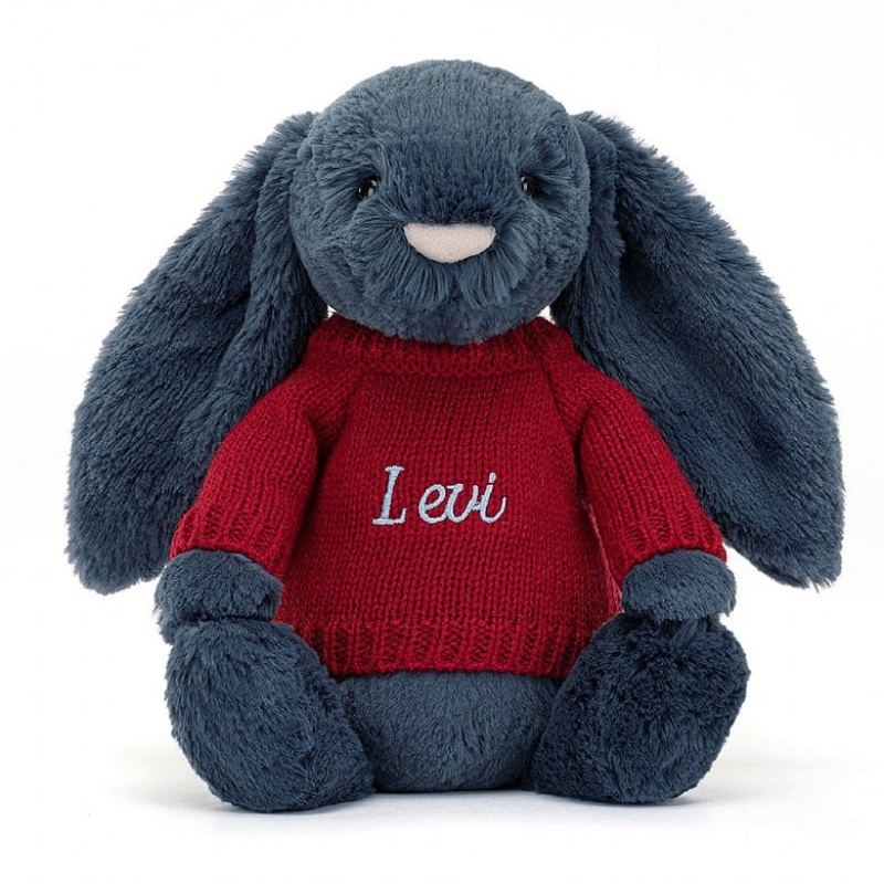 Medium Jelly Cats Bashful Navy Bunny with Personalised Red Jumper | PBS-981750