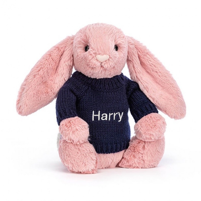 Medium Jelly Cats Bashful Petal Bunny with Personalised Navy Jumper | KAL-105236