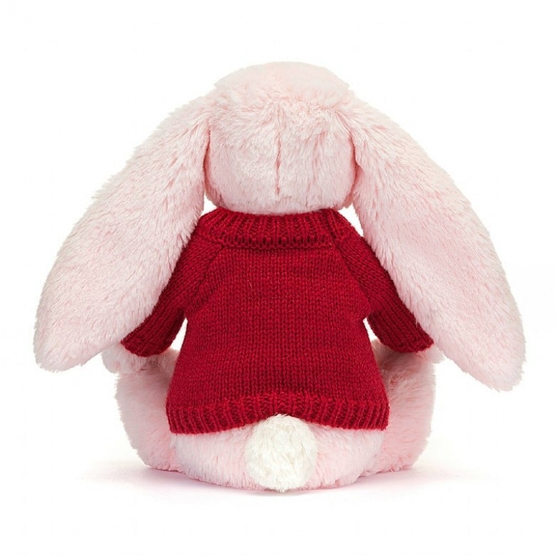 Medium Jelly Cats Bashful Pink Bunny with Personalised Red Jumper | QBU-450238