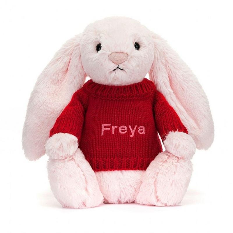 Medium Jelly Cats Bashful Pink Bunny with Personalised Red Jumper | QBU-450238