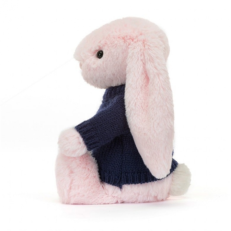 Medium Jelly Cats Bashful Pink Bunny with Personalised Navy Jumper | YKQ-483062