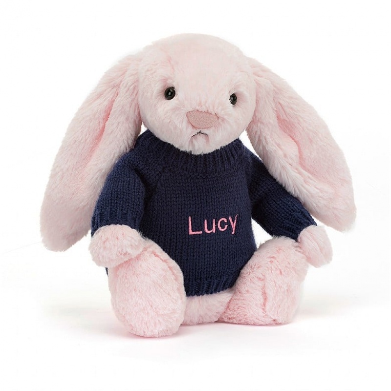 Medium Jelly Cats Bashful Pink Bunny with Personalised Navy Jumper | YKQ-483062