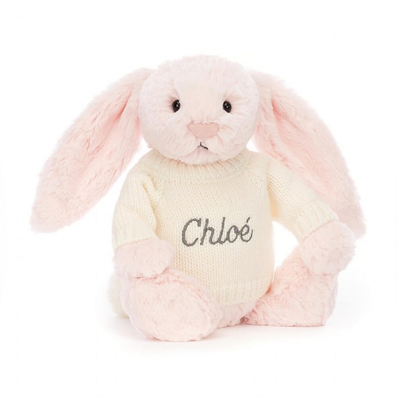 Medium Jelly Cats Bashful Pink Bunny with Personalised Cream Jumper | TYP-351829