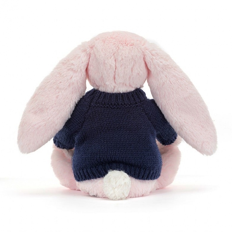 Medium Jelly Cats Bashful Pink Bunny with Personalised Navy Jumper | TIP-085231