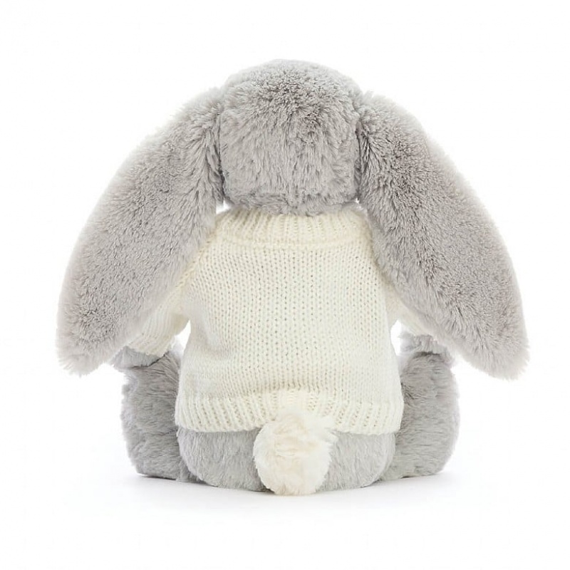 Medium Jelly Cats Bashful Silver Bunny with Personalised Cream Jumper | RLO-407916